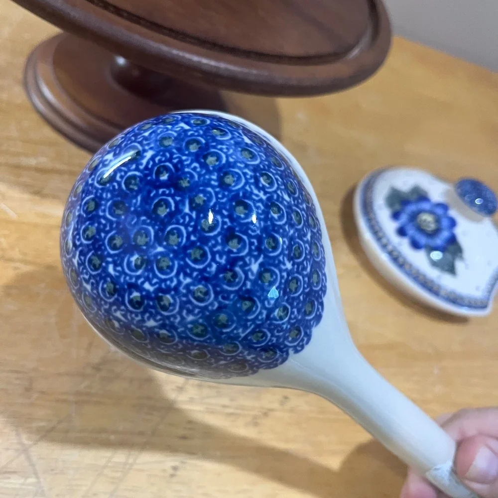Vtg Polish Pottery Blue Floral Soup Tureen Set with Lid and Ladle Hand Painted